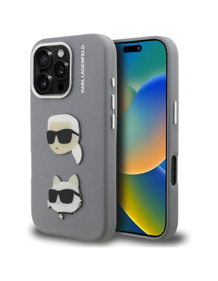 Karl Lagerfeld FW Grained Karl &amp;amp; Choupette Heads Pins Case for iPhone 16 Pro - Gray