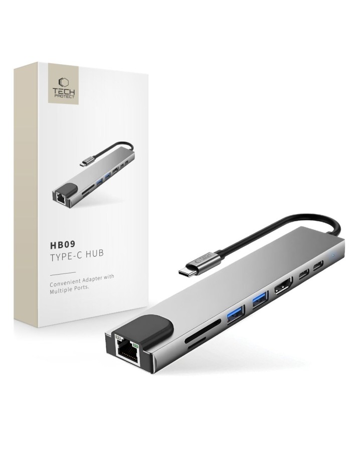 Tech-Protect HB09 USB hub 8in1 TYPE-C + USB-A 3.0 + USB-C 3.0 + HDMI 4K 60HZ + SD/TF + PD100W + RJ45 1000 MB/S - gray