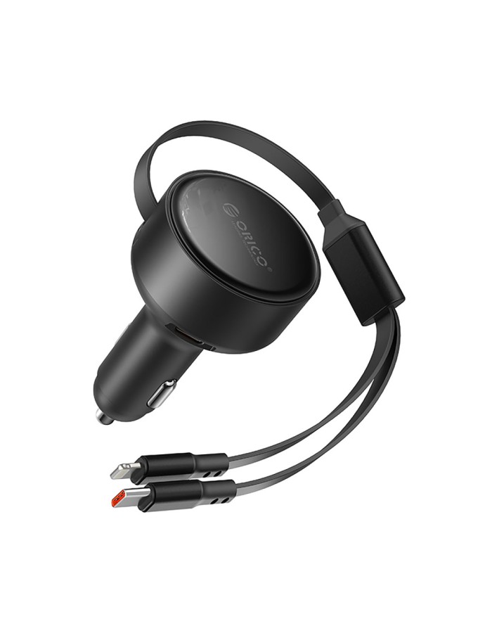 Orico Dual Stretch 60W USB-C Car Charger with Two Retractable USB-C + Lightning Cables - Black Orico Dual Stretch 60W USB-C Car Charger with Two Retractable USB-C + Lightning Cables - Black