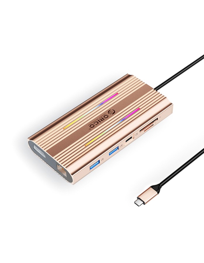 Orico XDR 12in1 RGB USB-C Docking Station USB-A USB-C 2x HDMI 4K 60 Hz DisplayPort 4K 60 Hz RJ45 Gigabit PD 100W SD and microSD Card Reader - Rose Gold