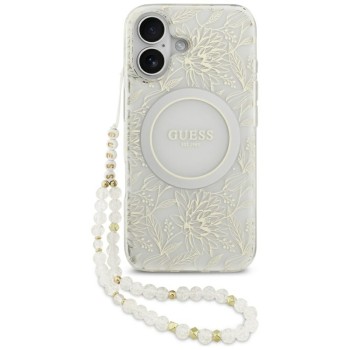 Guess IML Flowers Electro Pearl Strap MagSafe case for iPhone 17 - white