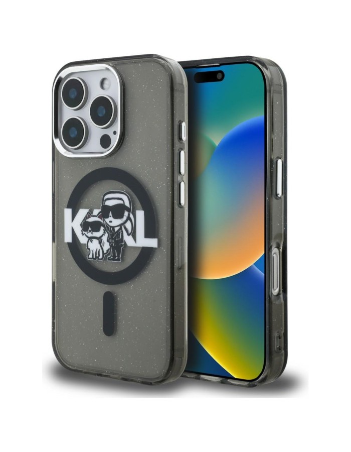 Karl Lagerfeld IML Glitter Karl &amp;amp; Choupette Sketch Logo MagSafe Case for iPhone 16 Pro - Black