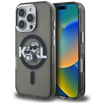 Karl Lagerfeld IML Glitter Karl &amp;amp; Choupette Sketch Logo MagSafe Case for iPhone 16 Pro Max - Black
