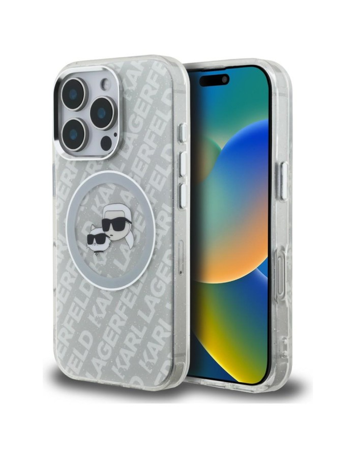 Karl Lagerfeld IML Glitter Karl &amp;amp; Choupette Heads Logo MagSafe Case for iPhone 16 Pro - Gray