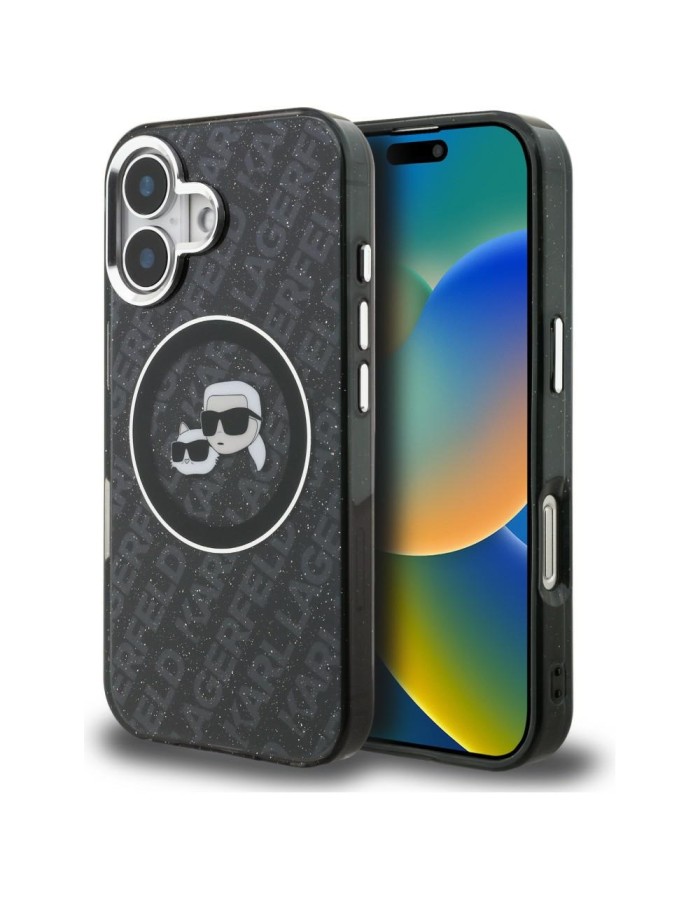 Karl Lagerfeld IML Glitter Karl &amp;amp; Choupette Heads Logo MagSafe Case for iPhone 16 - Black