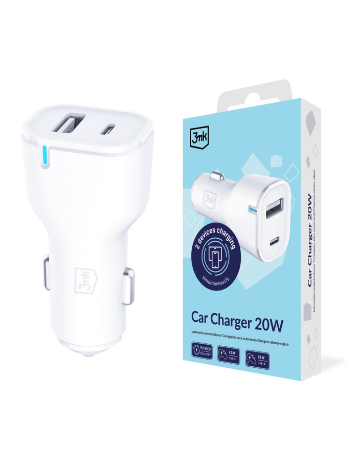 3mk Car Charger 20W PD3.0 QC 3.0 USB 1A1C - White