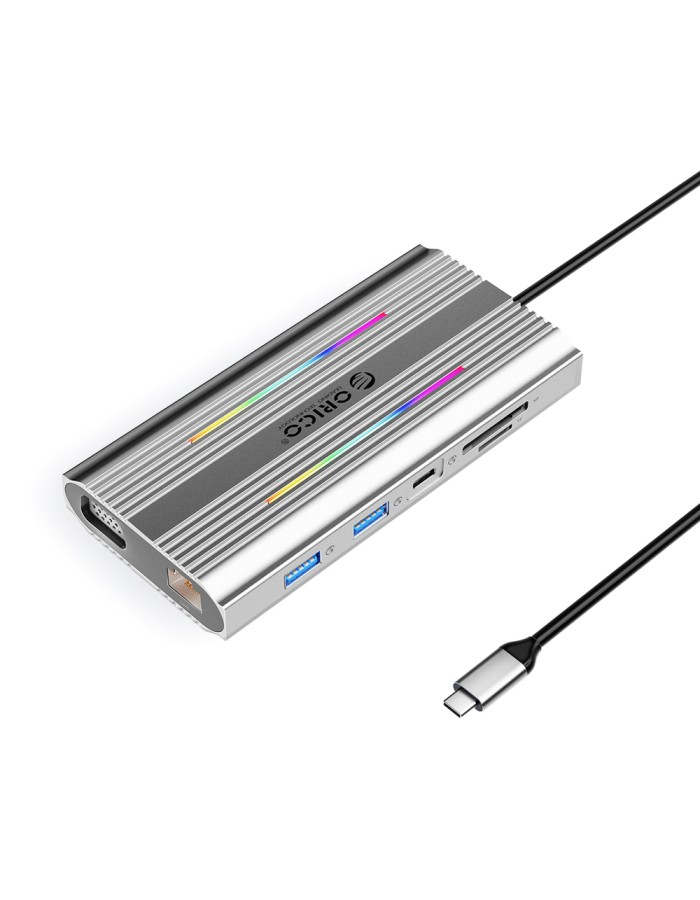 Orico XCR 12in1 RGB USB-C Docking Station 3x USB-A USB-C PD 100W HDMI 4K VGA RJ45 Gigabit SD and microSD Card Reader - Silver Orico XCR 12in1 RGB USB-C Docking Station 3x USB-A USB-C PD 100W HDMI 4K VGA RJ45 Gigabit SD and microSD Card Reader - Silver