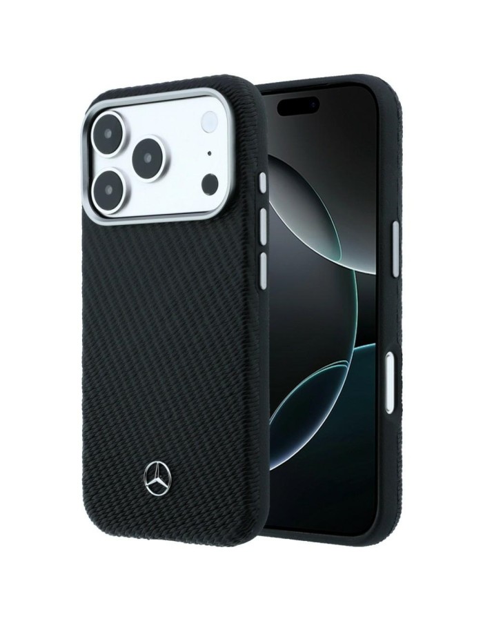 Mercedes Leather Semi Wrap Wood Effect MagSafe Case for iPhone 17 Pro - Black