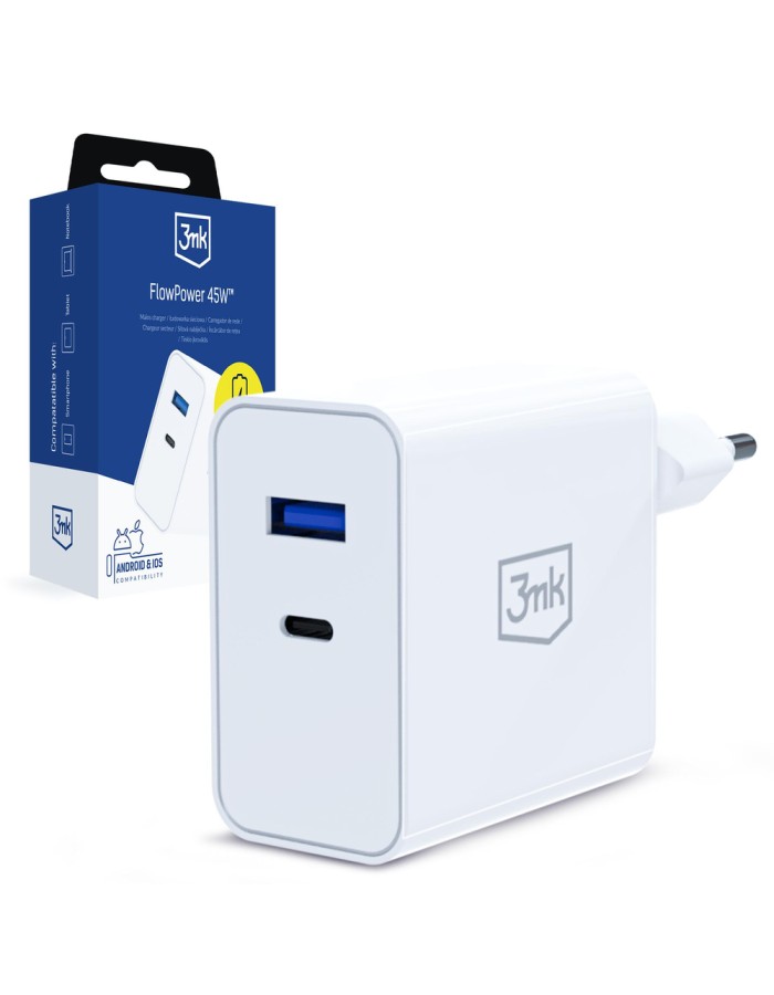 3mk FlowPower 45W 1A1C PD3.0 QC4+ Wall Charger - White 3mk FlowPower 45W 1A1C PD3.0 QC4+ Wall Charger - White