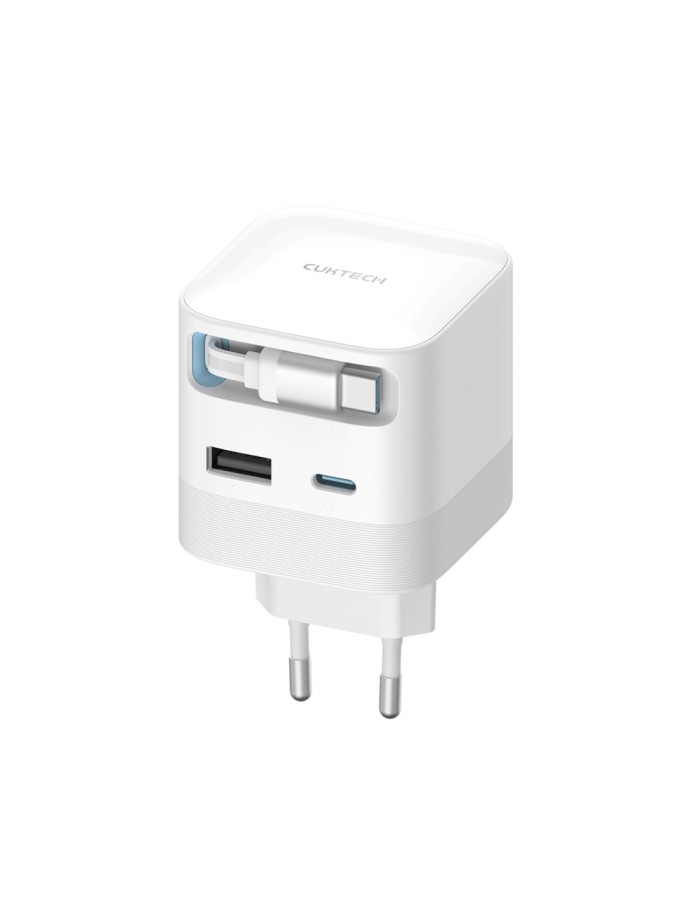 Cuktech AD653W 67W GaN 2x USB-C + USB-A Wall Charger with 70cm Retractable USB-C Cable - White