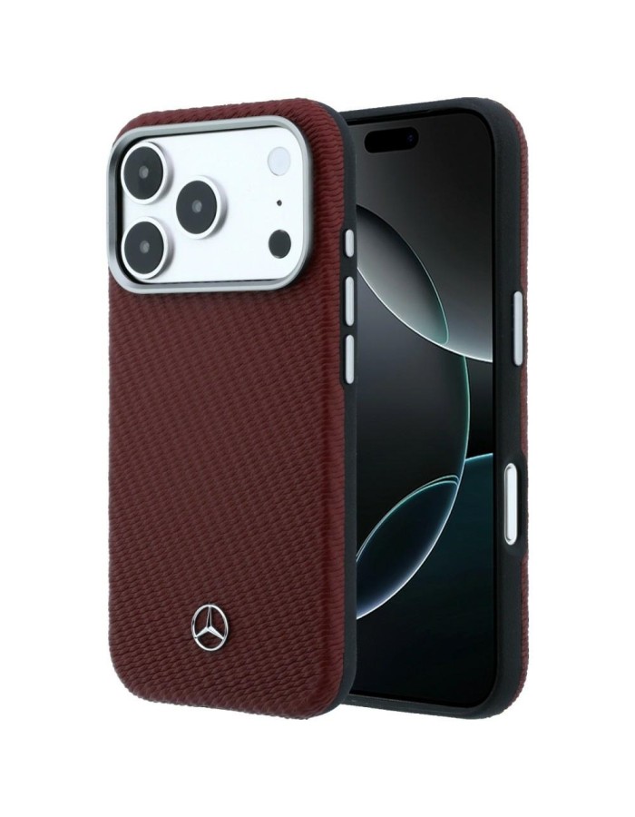 Mercedes Leather Semi Wrap Wood Effect MagSafe Case for iPhone 17 Pro Max - Red