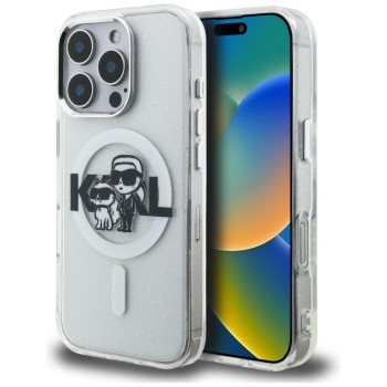 Karl Lagerfeld IML Glitter Karl &amp;amp; Choupette Sketch Logo MagSafe Case for iPhone 16 Pro - Clear
