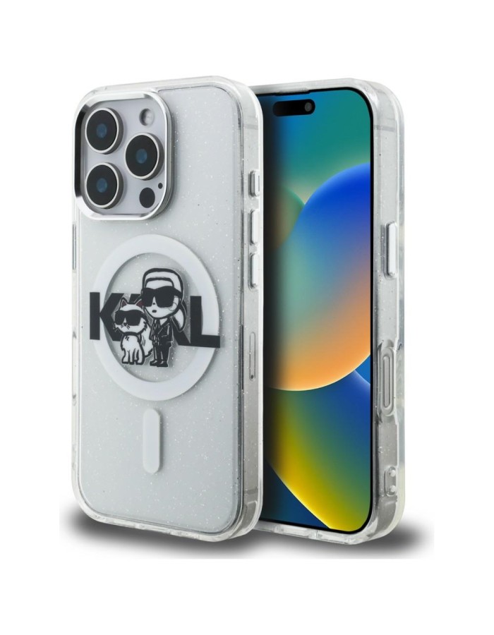 Karl Lagerfeld IML Glitter Karl &amp;amp; Choupette Sketch Logo MagSafe Case for iPhone 16 Pro - Clear