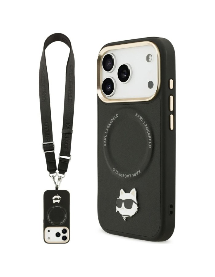Karl Lagerfeld Big Strap Choupette Metal Logo MagSafe Case for iPhone 17 Pro Max - Black