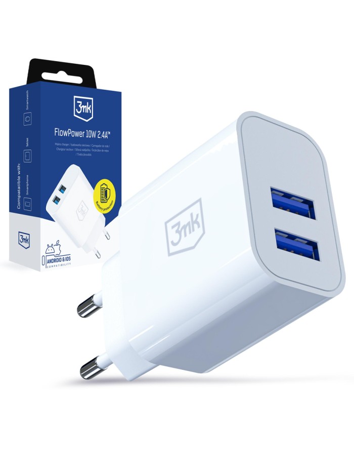 3mk FlowPower 10W 2.4A 2A Wall Charger - White 3mk FlowPower 10W 2.4A 2A Wall Charger - White