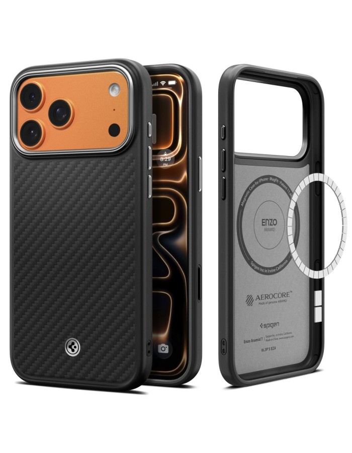 Spigen Enzo Aramid "T" MagSafe Case for iPhone 17 Pro Max - Black and Silver