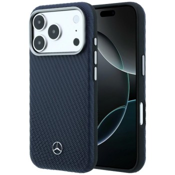 Mercedes Leather Semi Wrap Wood Effect MagSafe Case for iPhone 17 Pro - Navy Blue