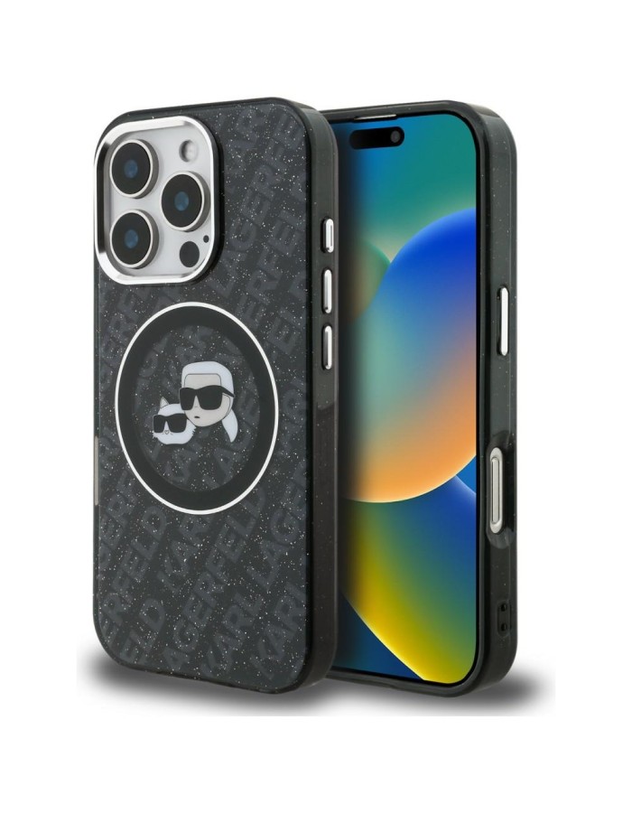 Karl Lagerfeld IML Glitter Karl &amp;amp; Choupette Heads Logo MagSafe Case for iPhone 16 Pro Max - Black