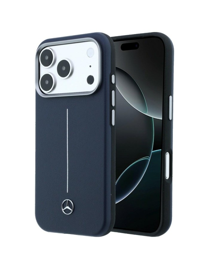 Mercedes Leather Semi Wrap Iconic Line MagSafe Case for iPhone 17 Pro - Navy Blue Mercedes Leather Semi Wrap Iconic Line MagSafe Case for iPhone 17 Pro - Navy Blue
