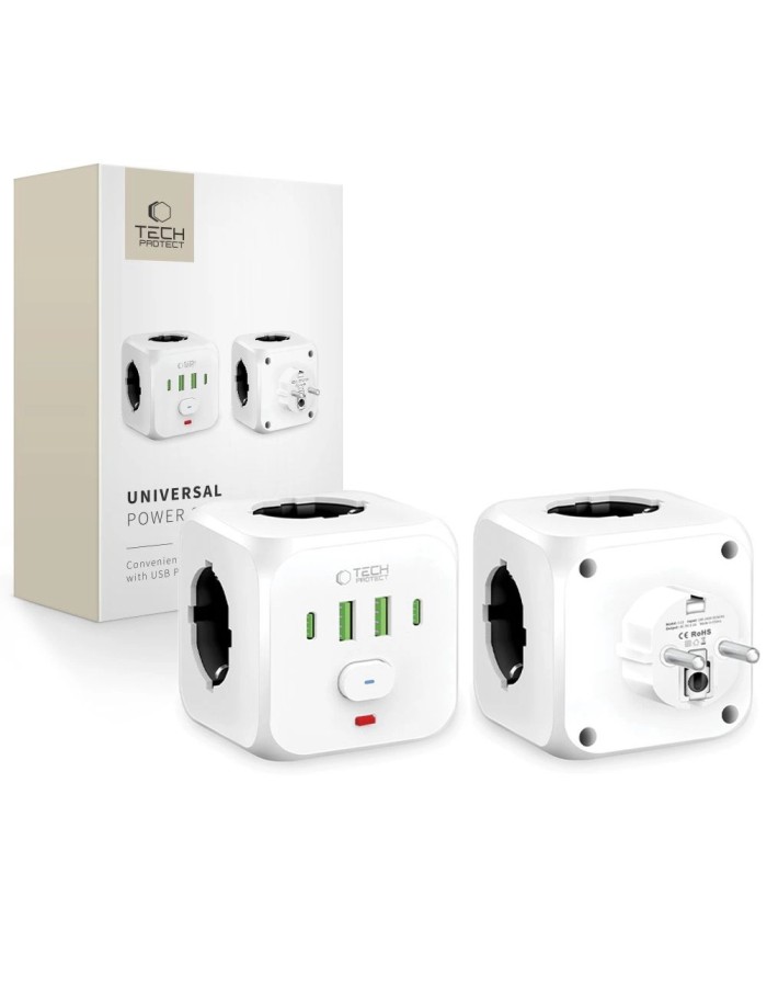 Tech-Protect PCL3x4 Power Strip, 2x USB-A, 2x USB-C, 3x AC Type Schuko - White