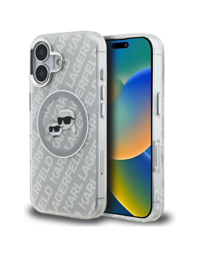 Karl Lagerfeld IML Glitter Karl &amp;amp; Choupette Heads Logo MagSafe iPhone 16 Case - Gray