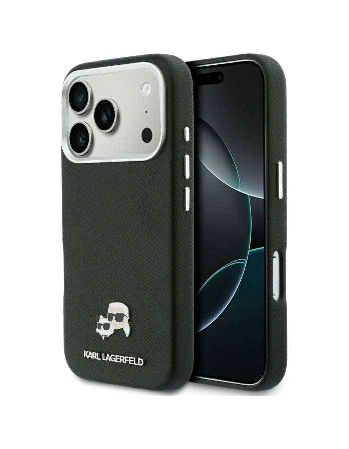 Karl Lagerfeld Karl &amp;amp; Choupette Head Pins Saffiano MagSafe Case for iPhone 17 Pro Max - Black