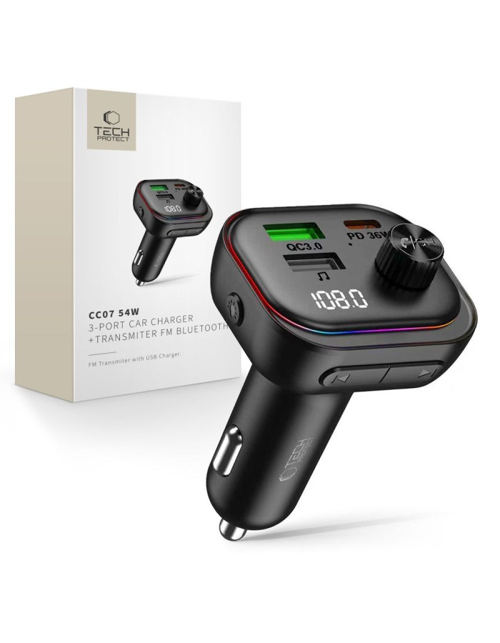 Tech-Protect CC07 3-Port PD 54W Car Charger + Bluetooth FM Transmitter - Black Tech-Protect CC07 3-Port PD 54W Car Charger + Bluetooth FM Transmitter - Black
