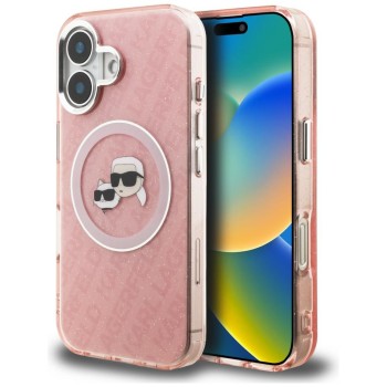 Karl Lagerfeld IML Glitter Karl &amp;amp; Choupette Heads Logo MagSafe iPhone 16 Case - Pink