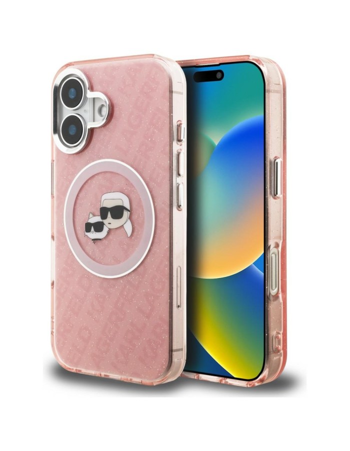 Karl Lagerfeld IML Glitter Karl &amp;amp; Choupette Heads Logo MagSafe iPhone 16 Case - Pink