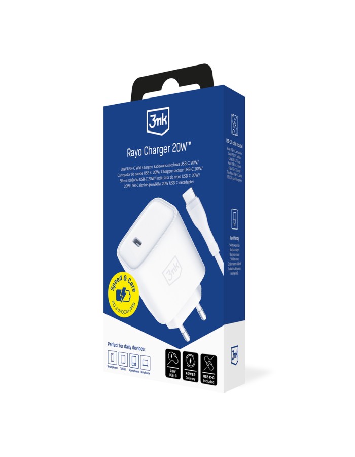 3mk Rayo Charger 20W PD3.0 PPS USB-C Wall Charger + USB-C / USB-C 3A 60W Cable - White