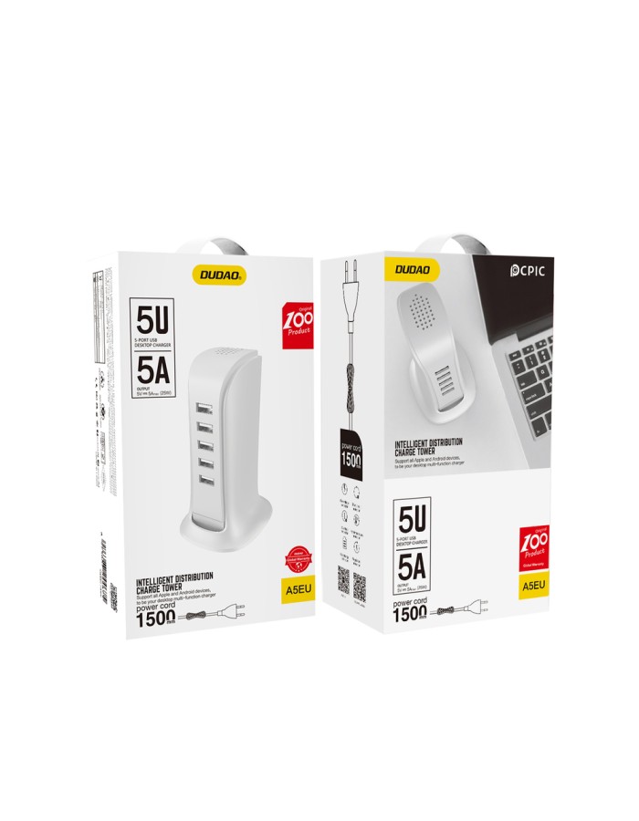 Dudao 5x USB charger with built-in EU power cable white (A5EU) Dudao 5x USB charger with built-in EU power cable white (A5EU)