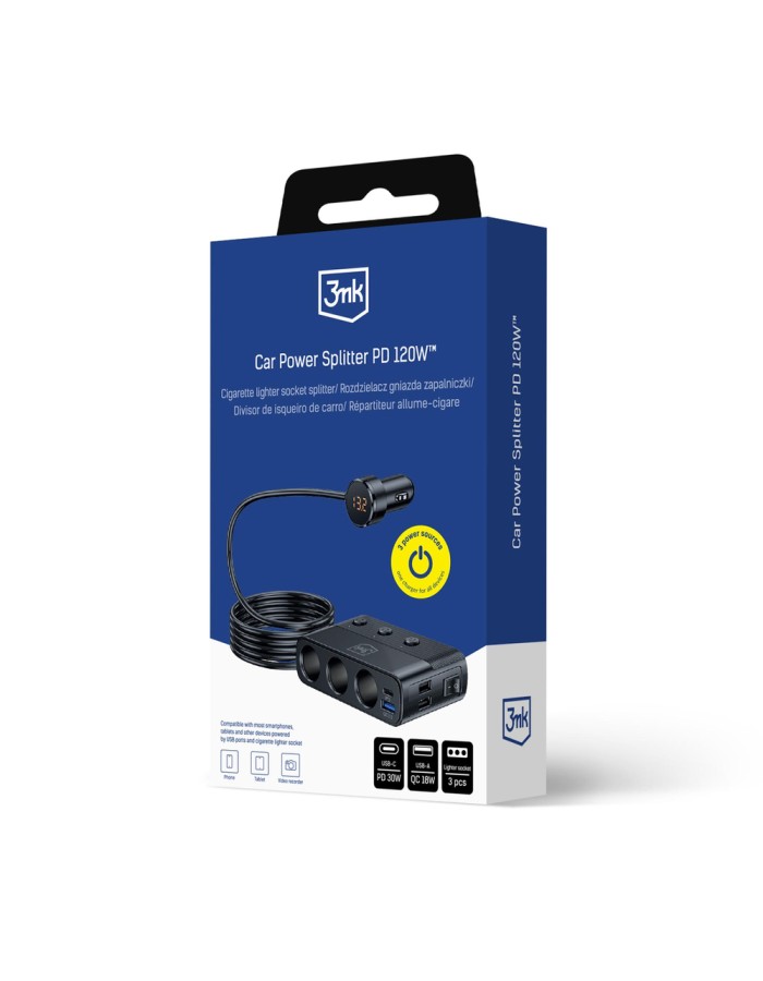3mk Car Power Splitter PD 120W™ QC PPS UCB-C USB-A Car Charger for 7 Devices - Black