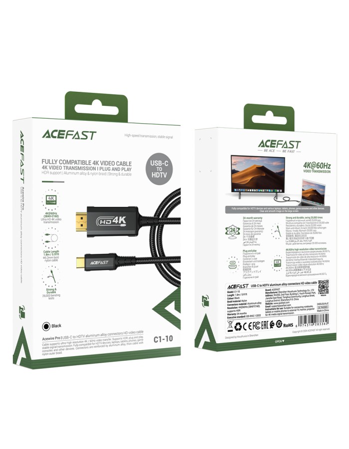 Acefast C1 USB-C/HDMI Video Cable 4K 60Hz HDR 1.8m - Black Acefast C1 USB-C/HDMI Video Cable 4K 60Hz HDR 1.8m - Black