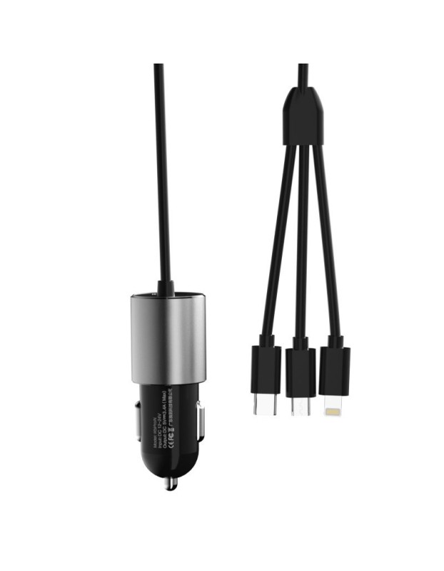 Dudao 3in1 USB Car Charger 3.4A Built-in Lightning / USB Type C / Micro USB Cable Black (R5ProN Black)