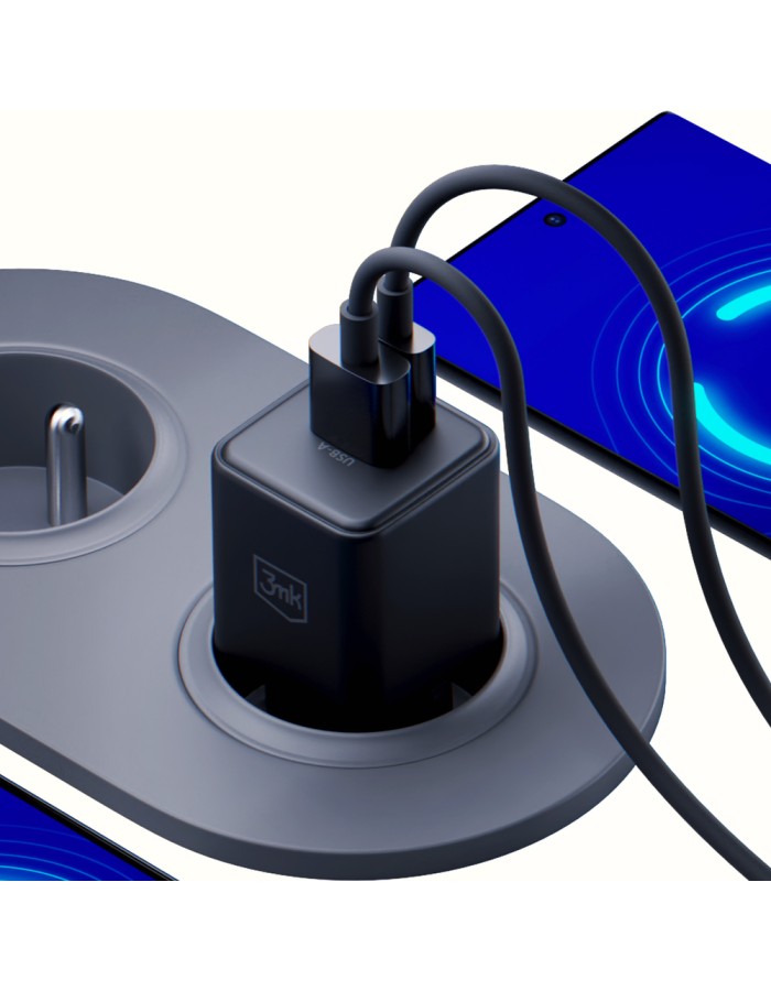 3mk Hyper GaN Charger 20W QC4+ PD PPS USB-C USB-A Wall Charger - Black