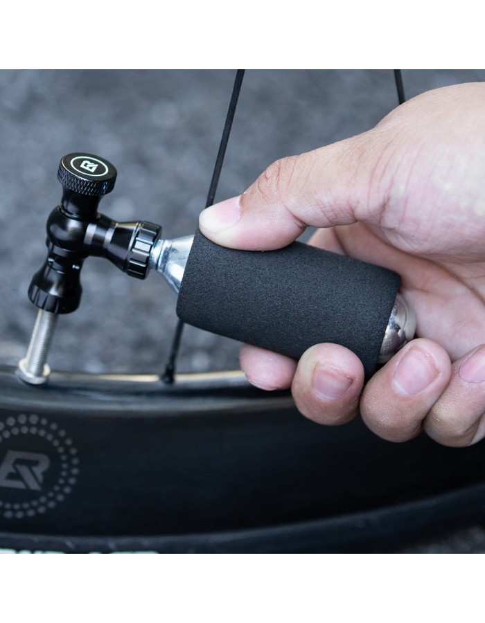 Rockbros CO₂ pump, aluminum alloy valve head, cartridge-free, Presta/Schrader compatible - black