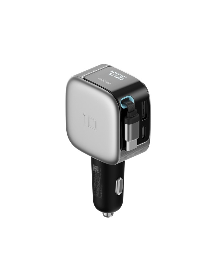 Cuktech CC903P 100W Car Charger with Display and 70cm Retractable USB-C Cable - Gray