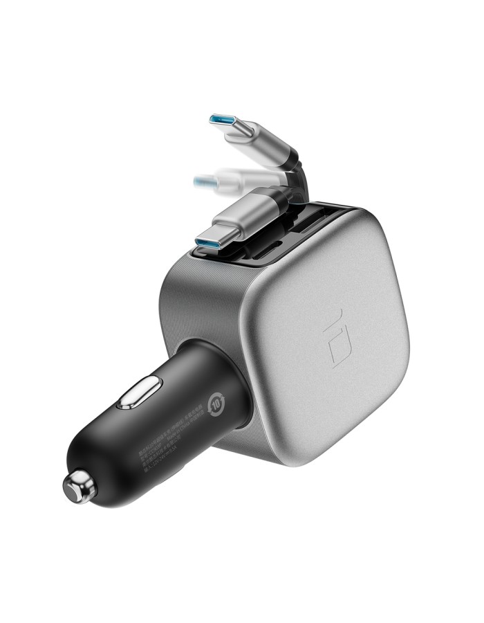 Cuktech CC903P 100W Car Charger with Display and 70cm Retractable USB-C Cable - Gray