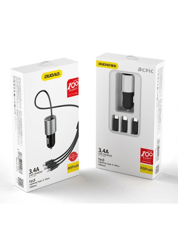 Dudao 3in1 USB Car Charger 3.4A Built-in Lightning / USB Type C / Micro USB Cable Black (R5ProN Black)