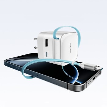 Cuktech AD653W 67W GaN 2x USB-C + USB-A Wall Charger with 70cm Retractable USB-C Cable - White