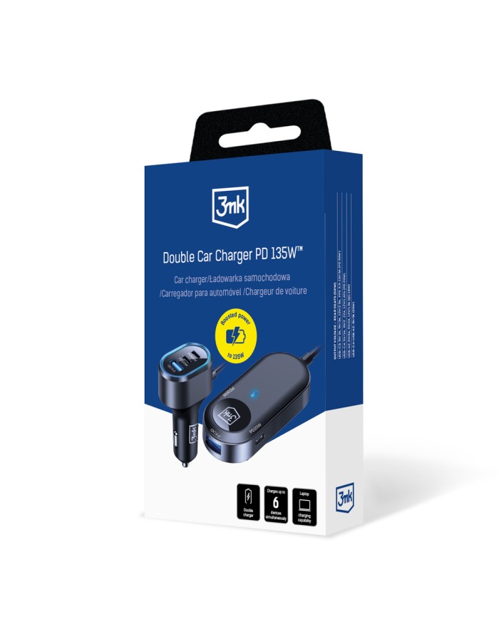 3mk Double Car Charger 135W PD QC PPS USB-C USB-A - Black