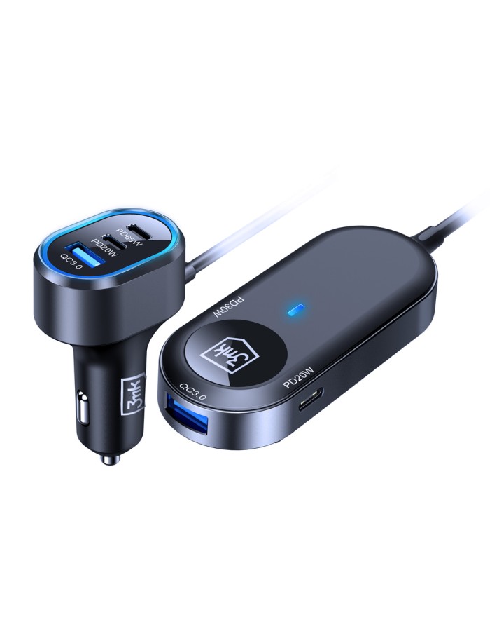 3mk Double Car Charger 135W PD QC PPS USB-C USB-A - Black