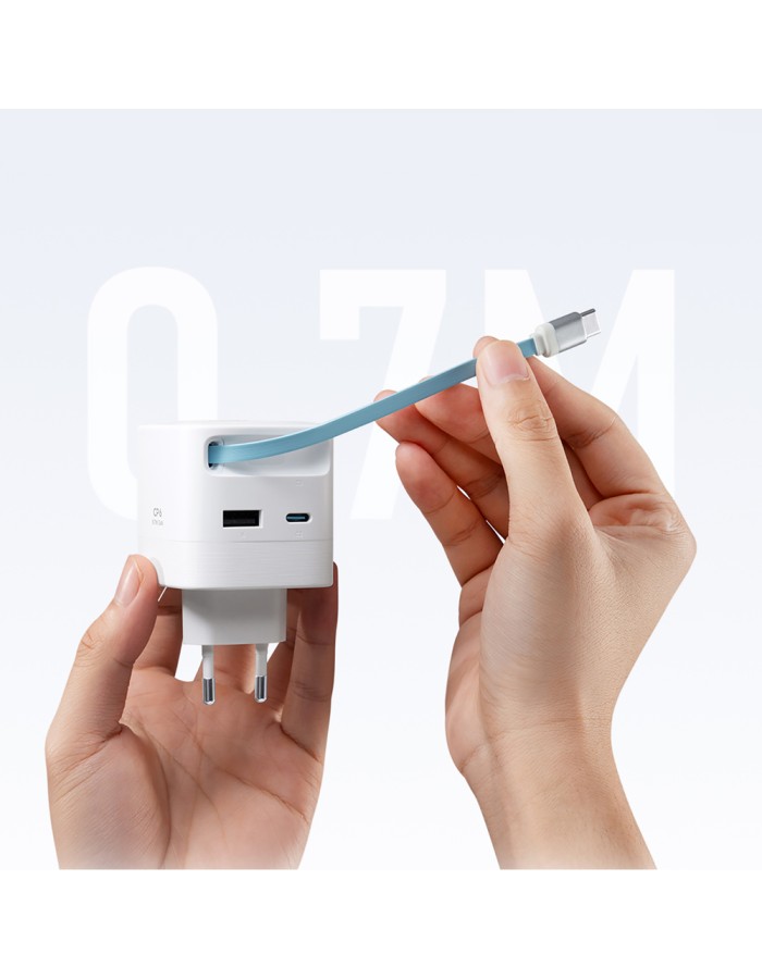 Cuktech AD653W 67W GaN 2x USB-C + USB-A Wall Charger with 70cm Retractable USB-C Cable - White
