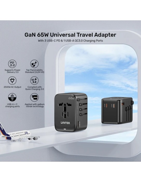 Unitek Charge Wall 65W Travel Adapter 3xUSBC+USBA Black P1122A
