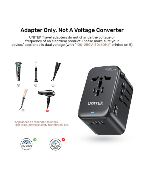 Unitek World Travel Adapter & 100W Charger EU/UK/US 4xUSBC+1xUSBA P1123A Unitek World Travel Adapter & 100W Charger EU/UK/US 4xUSBC+1xUSBA P1123A