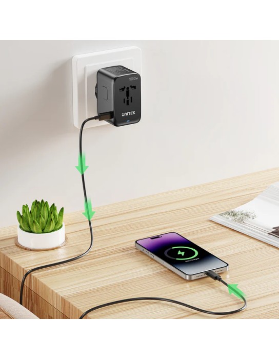 Unitek World Travel Adapter & 100W Charger EU/UK/US 4xUSBC+1xUSBA P1123A Unitek World Travel Adapter & 100W Charger EU/UK/US 4xUSBC+1xUSBA P1123A