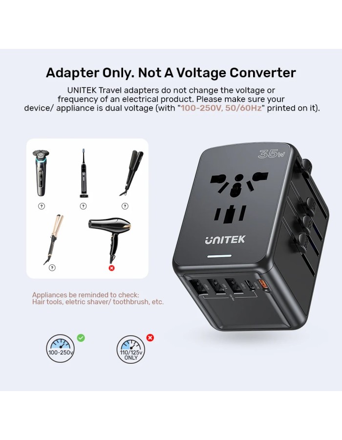 Unitek P1121A Universal Travel Wall Charger 35W 2xUSB-C + 3xUSB-A