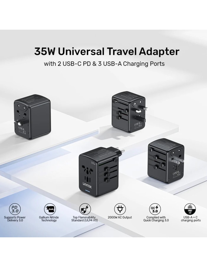Unitek P1121A Universal Travel Wall Charger 35W 2xUSB-C + 3xUSB-A