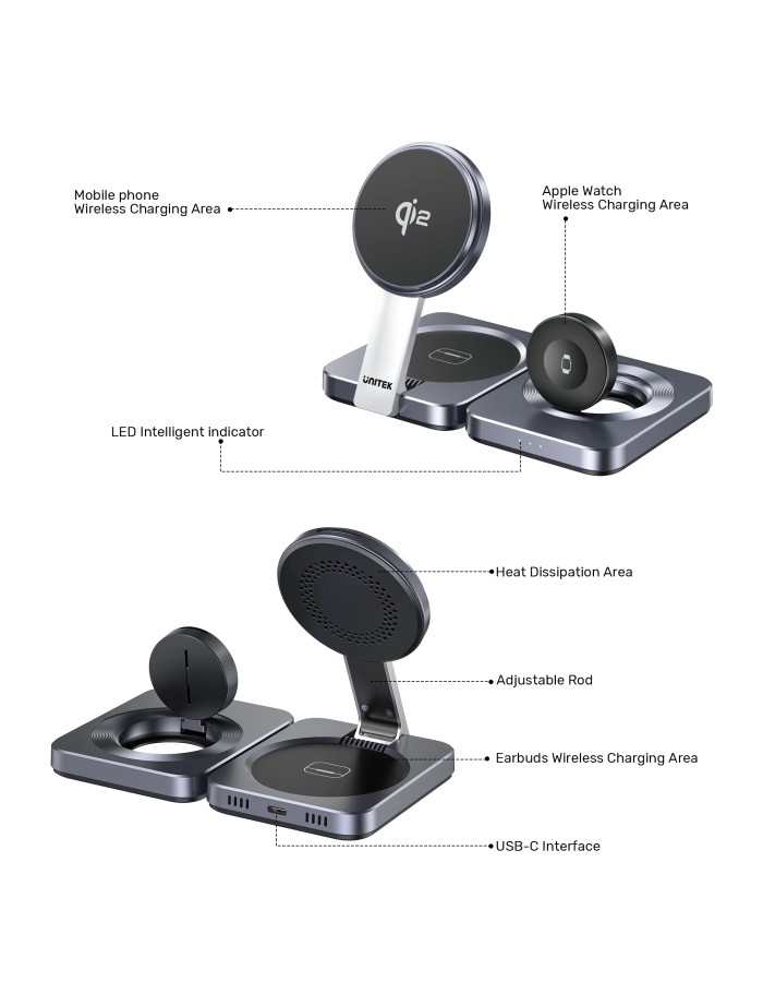 Unitek Charge Wireless Qi2 15W Foldable 3-in-1 Charging Station P1300A Unitek Charge Wireless Qi2 15W Foldable 3-in-1 Charging Station P1300A