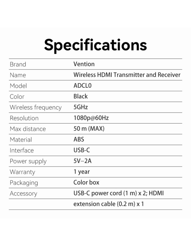 Vention ADCL0 Wireless 5GHz HDMI Transmitter & Receiver Kit 1080p up to 50m